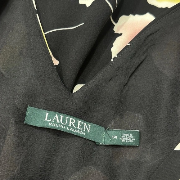 Lauren Ralph Lauren Sz 14 Mini Dress Tunic Black Floral V Neck Side Pockets - Picture 10 of 11
